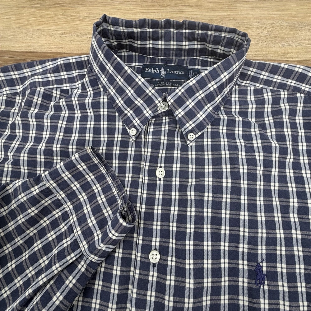 Ralph Lauren McMeel Mens XL Button Down Shirt Navy White Check Long Sleeve